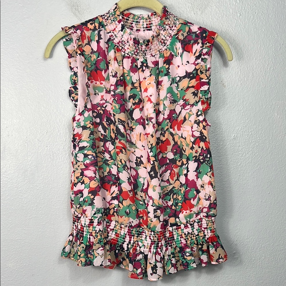 J. Crew Allover Floral Print Sleeveless Ruffle Elastic Detail Top 0